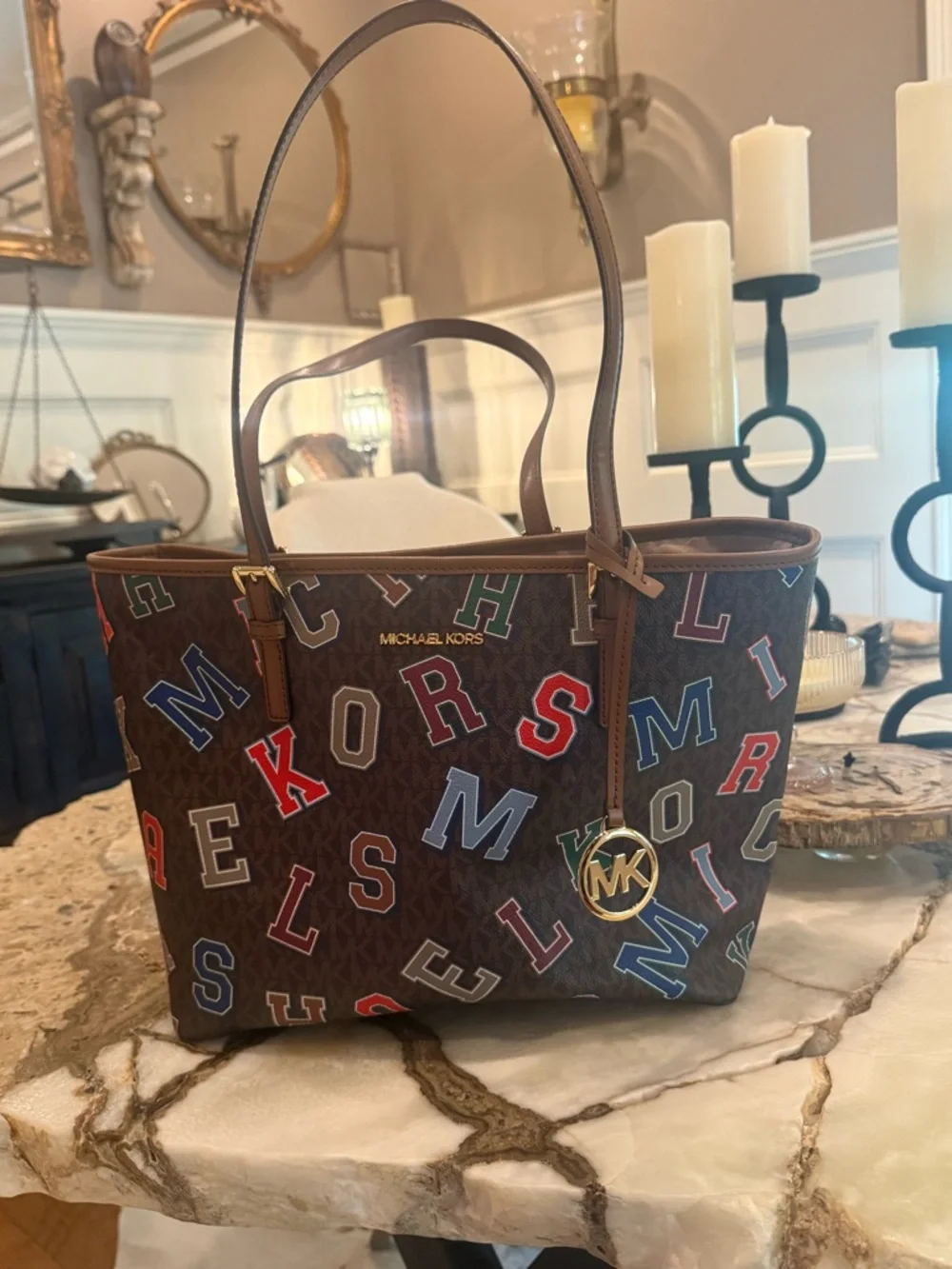 Michael Kors Jet Set Travel Tote Brown Logo Varsity Letter Print Bag NWOT - Picture 2 of 11